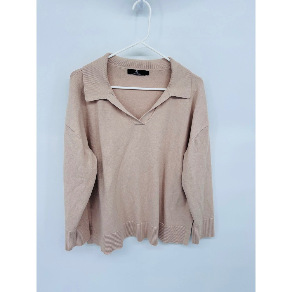 LILLUSORY Oversized Collared Sweater Beige Long Sleeve Knit Top Women's L